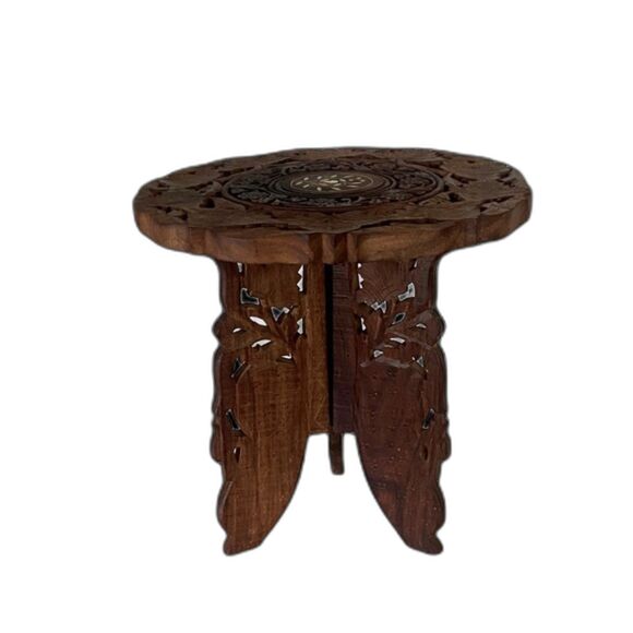 VTG Hand Carved Sheesham Teak Wood Inlay Folding Table Plant Stand India